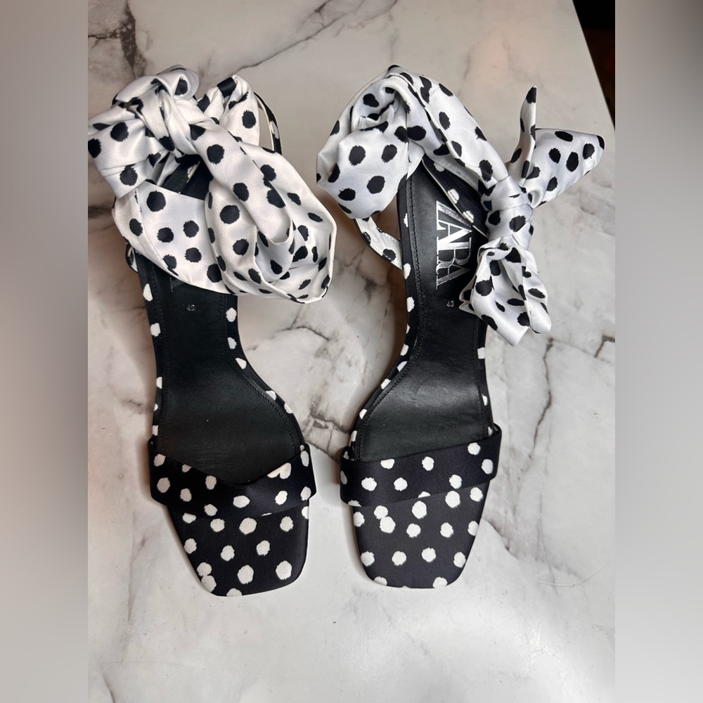 Zara Polka Dot High Heel Ankle Wrap Sandals, Size 11 - Picture 4 of 12